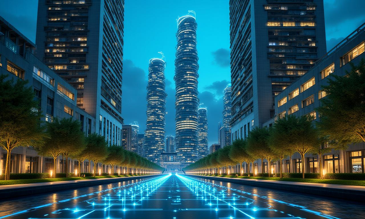 Futuristic architectural rendered skyline with data overlays